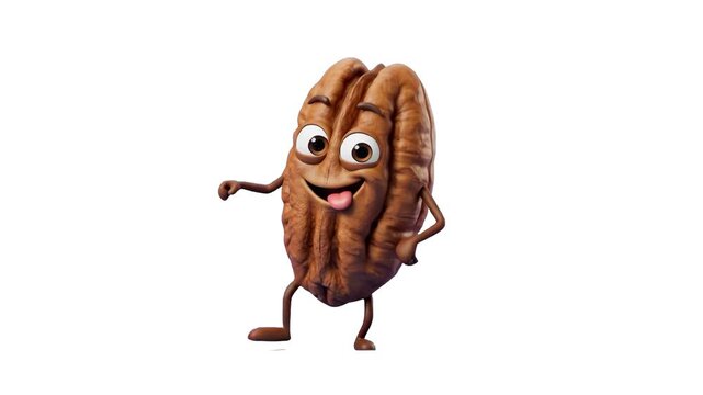 A joyful 3D cartoon pecan nut character with a funny expressive face happily dances against a plain white background. This clean animated clip is suitable for food branding, snack commercials, and hea