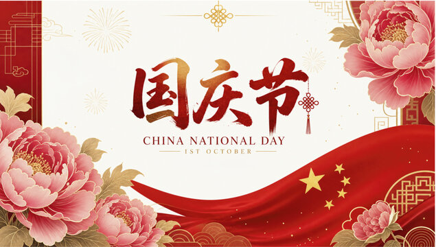 China National Day Banner with Peony Flowers, Chinese Flag and Traditional Calligraphy Vector Illustration (Translation : China Independence Day)