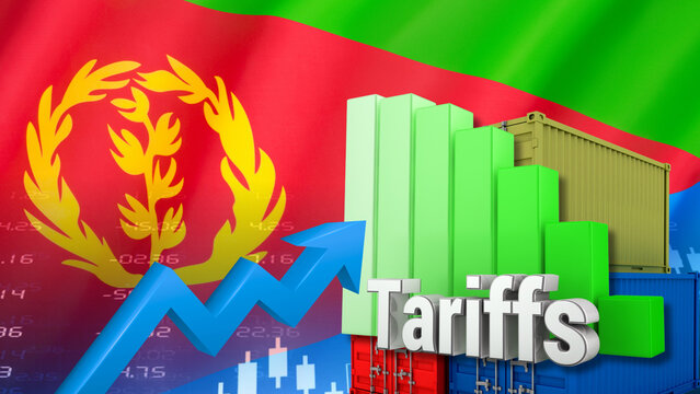 The Eritrean flag, shipping containers, and financial charts illustrate trade policy, Eritrea tariffs, the logistics sector, and economic growth trends.