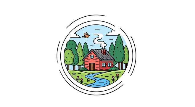 Cozy Cabin in Nature, Stream, Trees, Bird, Circle Frame