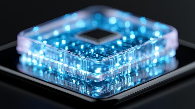 Futuristic medical microchip, transparent crystal casing, and glowing blue circuits, premium healthcare technology, macro product.