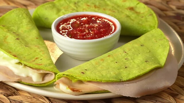 Green cactus tortilla wraps with ham and cheese served with red salsa on a white plate