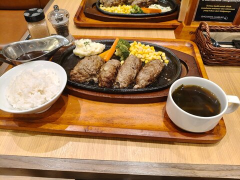 Japanese Style Sizzling Hamburg Steak Set with Rice and Soup"