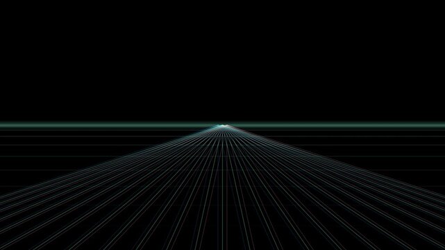 A geometric grid of thin glowing lines radiates outward from a central vanishing point against a black background