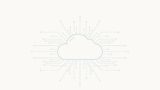 Cloud computing concept with circuit lines radiating from white cloud icon on light background