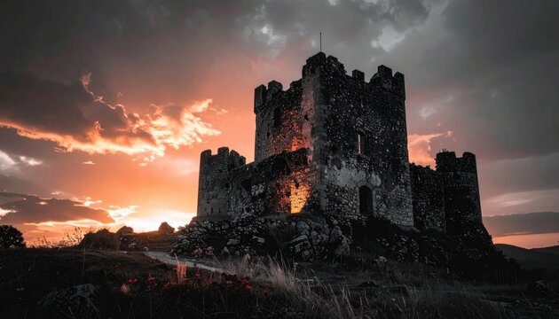 Ancient Castle Ruins on Sunset Ridge Landscape.