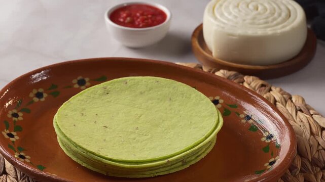 Stack of green corn tortillas with nopal flavor served on clay plate with fresh white cheese