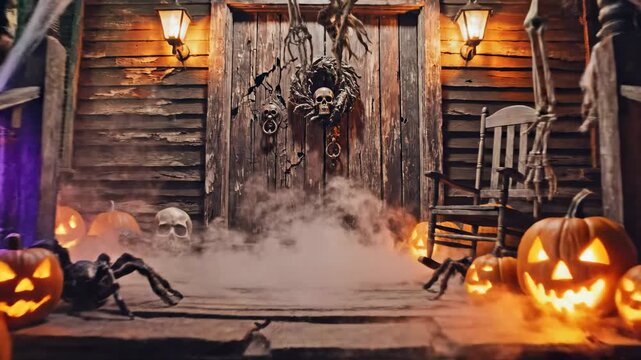 An eerie front porch of an old weathered house displays glowing jack-o-lanterns and creepy decorations to celebrate the festive annual night of scary ghosts and spirits during the autumn harvest