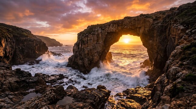 Breathtaking Sunset View Through a Natural Stone Arch Overlooking Crashing Waves and Rugged Coast