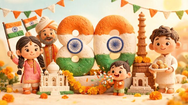 Cute 3D Clay India 80th Independence Day Celebration Illustration
