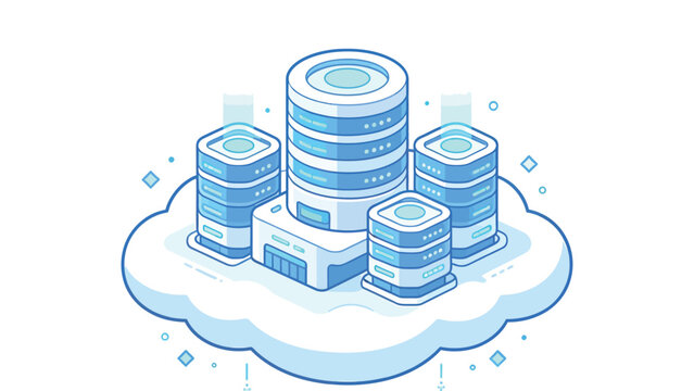 Isometric illustration of futuristic blue data servers and storage units resting on a cloud, symbolizing