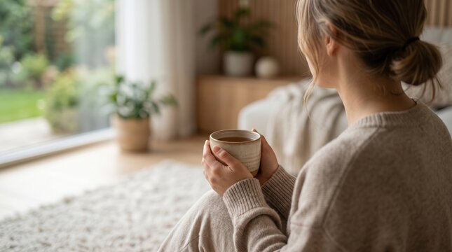Woman relaxing at home holding a ceramic tea cup by the window, cozy interior design, mindfulness and self-care, peaceful morning routine, soft natural light, comfortable living