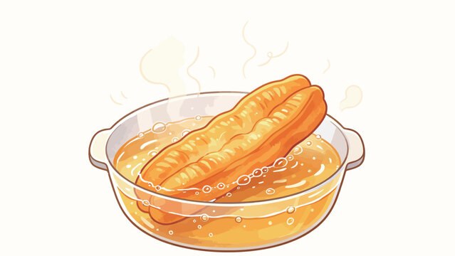 Hot and Steaming Fried Dough Sticks in a Bowl of Golden Broth, Cartoon Food Illustration