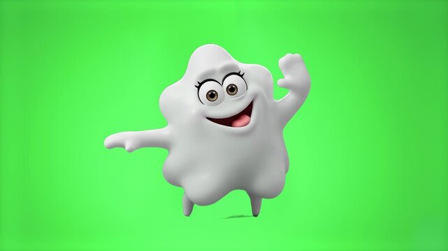 An animated, soft white star-shaped blob character with an expressive face is joyfully dancing and floating against a solid green screen. This playful and whimsical clip is suitable for children's ent