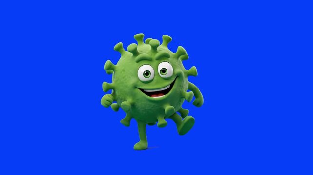 A cheerful 3D cartoon green virus character with large eyes is happily dancing and waving against a solid blue background. This animated clip is suitable for educational or health-related content with