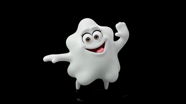 A friendly 3D white ghost or blob mascot character smiling and waving its hands, isolated on a dark backdrop. Suitable for Halloween promos, playful brand logos, fun kids content, and high-contrast vi