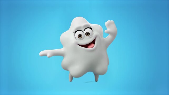 Smooth 3D model of a friendly white marshmallow or cloud mascot character waving, isolated on a clean light blue background. Perfect for sweet brand visual assets, dessert promos, cartoon animation ov