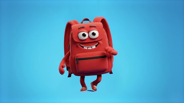 A cheerful 3D cartoon red backpack mascot walking and jumping in place against a smooth light blue studio backdrop. Ideal for back-to-school promotions, education campaigns, children's travel media, a
