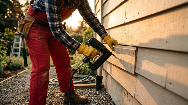 Professional construction worker using a nail gun to install wooden siding on a residential house exterior wall