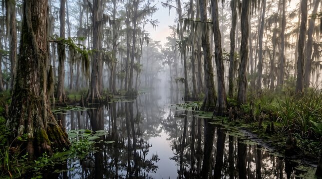 Misty cypress swamp with calm water reflecting towering trees and Spanish moss at sunrise