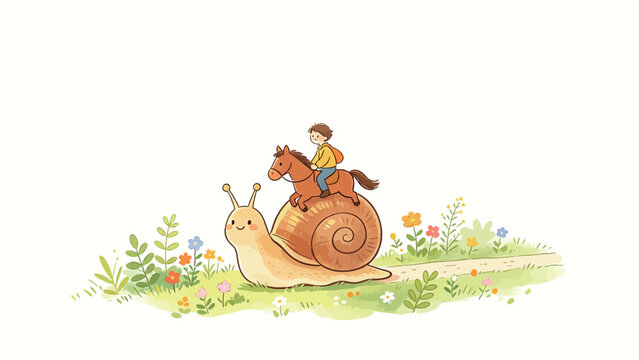 Whimsical Illustration of a Boy Riding a Toy Horse on the Shell of a Cute Snail in a Vibrant Flower Garden