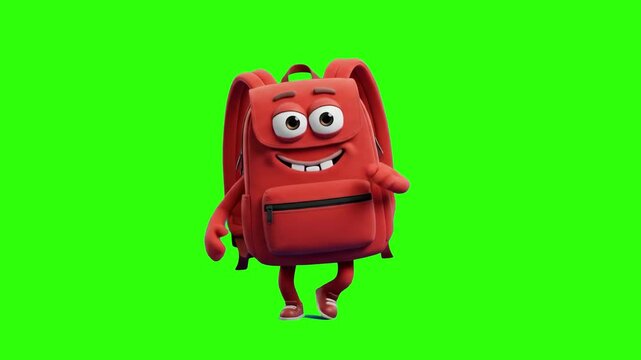Friendly 3D cartoon mascot character shaped like a red school backpack with an expressive face and limbs, isolated on a bright green screen chroma key background. Perfect for back-to-school promotiona