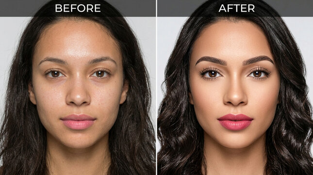 Before and after makeup transformation of a woman's face