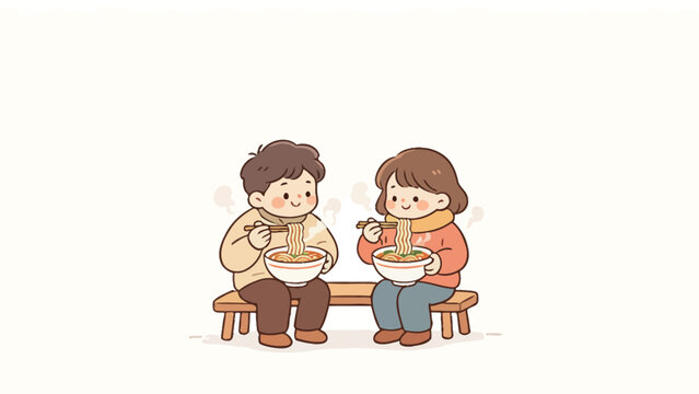 Cute cartoon couple enjoying steaming hot noodles together on a wooden bench, warm cozy winter scene