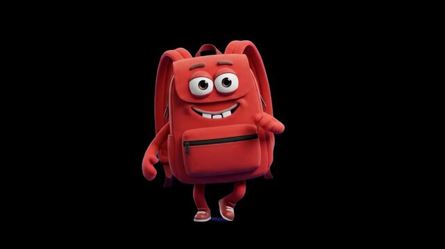 A cheerful 3D red backpack cartoon character with a big toothy smile standing on a dark backdrop. Ideal for back-to-school promos, education sales, school supply branding, and high-contrast motion des