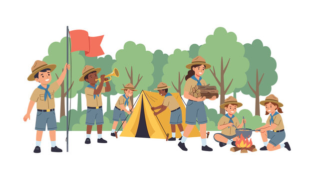 Boy and girl scouts characters camping in forest setup tent building bonfire cooking food holding flag vector illustration