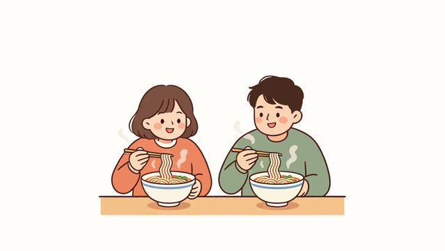Cute cartoon couple eating steaming noodles at a wooden table with happy expressions, warm pastel colors