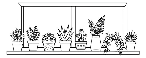 Minimalist indoor plants on windowsill vector, black and white line art of potted houseplants, botanical coloring page illustration for home decor © Ali