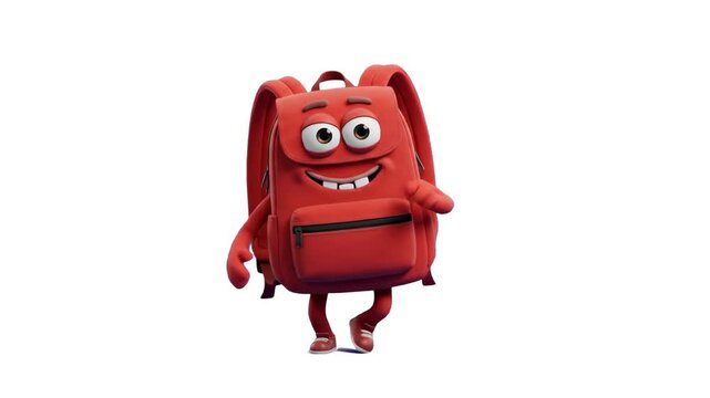 A cute 3D cartoon mascot of a cheerful red school backpack character with eyes, arms, and legs performing a funny dance, isolated on a clean white background. Excellent for back-to-school marketing ca