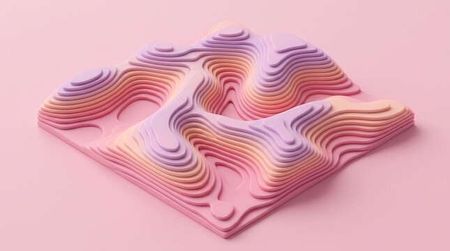 Soft and calming 3D abstract background featuring smooth parametric topographic layers with a pastel gradient from pink to lavender.
