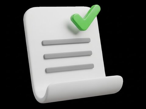 3d document icon with green check mark for task completion isolated on white background