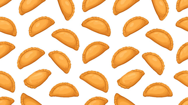 Seamless pattern with golden fried empanadas on black background for culinary design and food packaging vector illustration