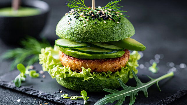 A vibrant green veggie burger with fresh cucumber, lettuce, and herbs on a green bun topped with sesame seeds.