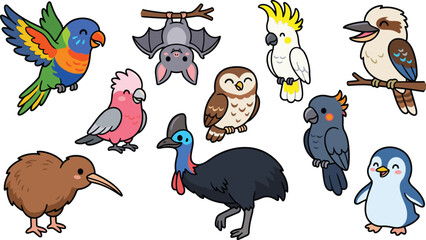 Cute Australian Birds and Wildlife Vector Set Featuring Lorikeet Bat Galah Cockatoo Kookaburra Owl Cassowary Kiwi and Little Penguin Cartoon Characters © Fahim