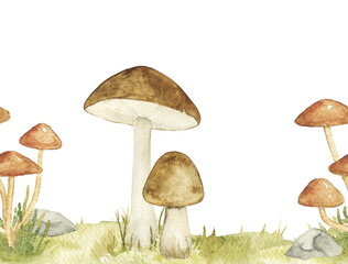 Woodland mushrooms growing in grass with scattered stones. Watercolor seamless border for nursery decor, story illustrations, greeting cards and autumn themed projects.
