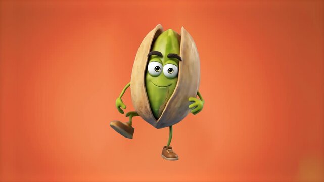 Cheerful 3D cartoon mascot of a pistachio nut with an open shell, arms, legs, and a smiling face, set against a smooth solid orange background. Ideal for snack food packaging design, nut brand promo g