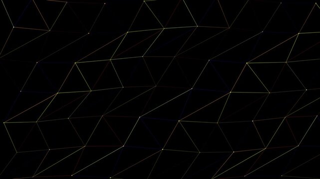 Black background with glowing geometric polygonal lines forming an abstract lowpoly network pattern.