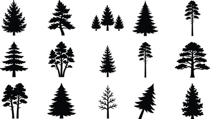 Obraz premium Black Evergreen Tree Silhouette Collection for Forest, Forestry and Nature Themed Graphic Design