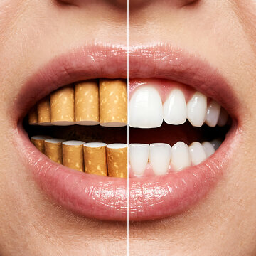 Close-up of mouth with yellowed teeth and cigarettes, side-by-side comparison