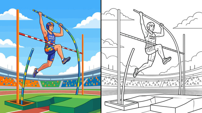 Pole vault athlete jumping over bar in stadium, cartoon style, color and outline versions