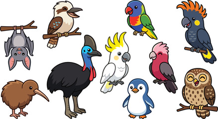Cute Australian Birds and Wildlife Vector Set Featuring Kookaburra Lorikeet Black Cockatoo Galah Sulphur Crested Cockatoo Cassowary Owl Kiwi Bat and Penguin © Fahim
