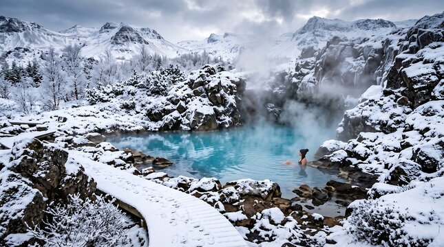 Stunning geothermal pool surrounded by snow-covered mountains in winter landscape
