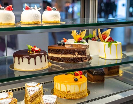 Assorted gourmet cakes and delicious pastries displayed on glass shelves in a bakery showcase