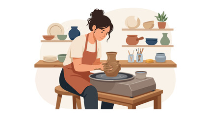 Fototapeta premium Female artist shaping clay on pottery wheel.
