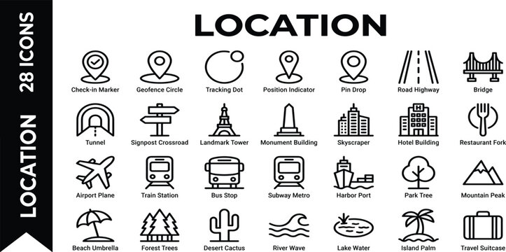 Location line icon set. Compass, travel, globe, map, geography, earth, distance, proximity minimal vector illustration. Simple outline sign for navigation app ui. 48x48 Pixel Perfect, Editable Stroke