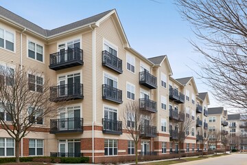 Fototapeta premium Exterior view of a modern, multi-story beige apartment building with balconies and brick accents under a clear sky